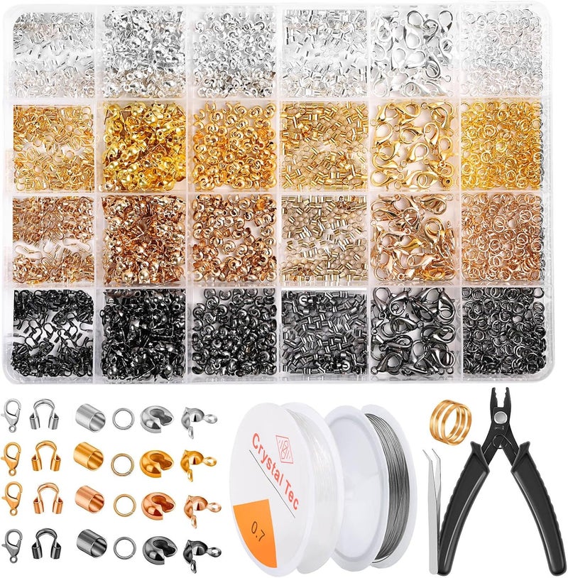 Acejoz 2160 Pieces Crimp Beads Kit for Jewelry Making, Knot Covers, Crimp Bead Covers, Crimp Tubes, Jump Rings and Wire Guardians with Crimping Pliers, Elastic String for Bracelets Necklaces Making - Image 1